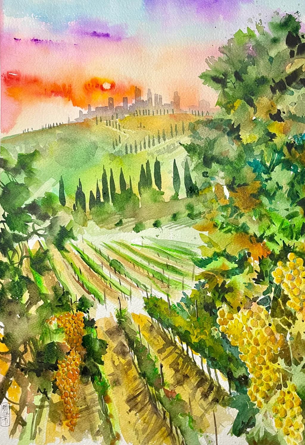 Whispers of the Vineyard: A Sunset Serenade in Watercolor
