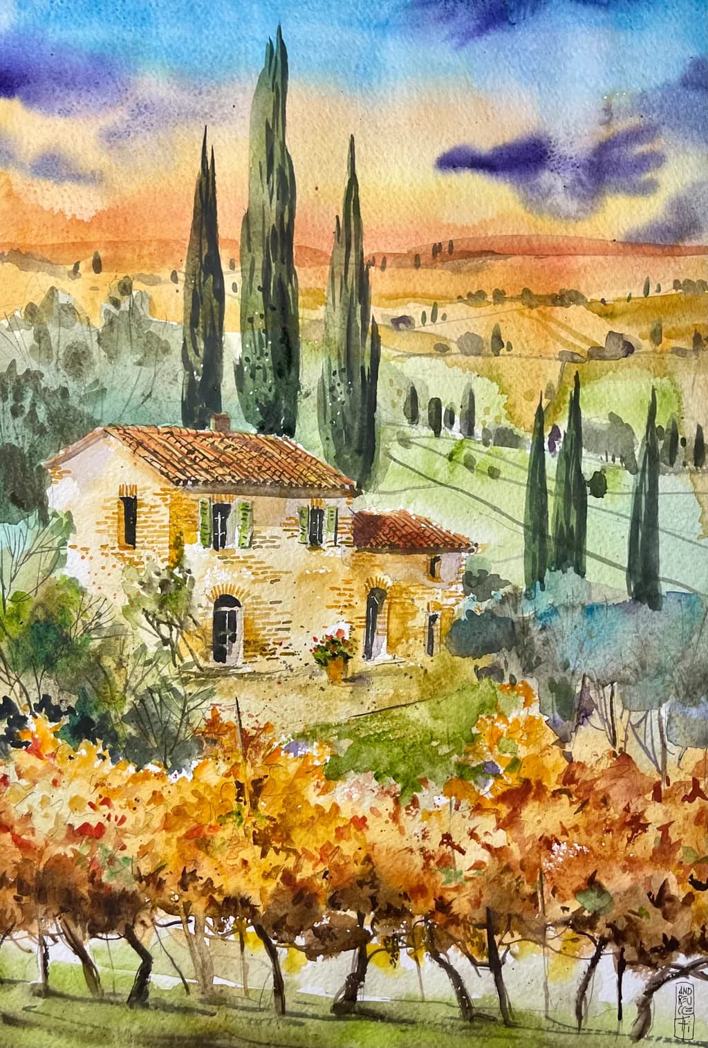 Whispers of Tuscany: A Serene Sunset Over Vineyards and Cypress Trees