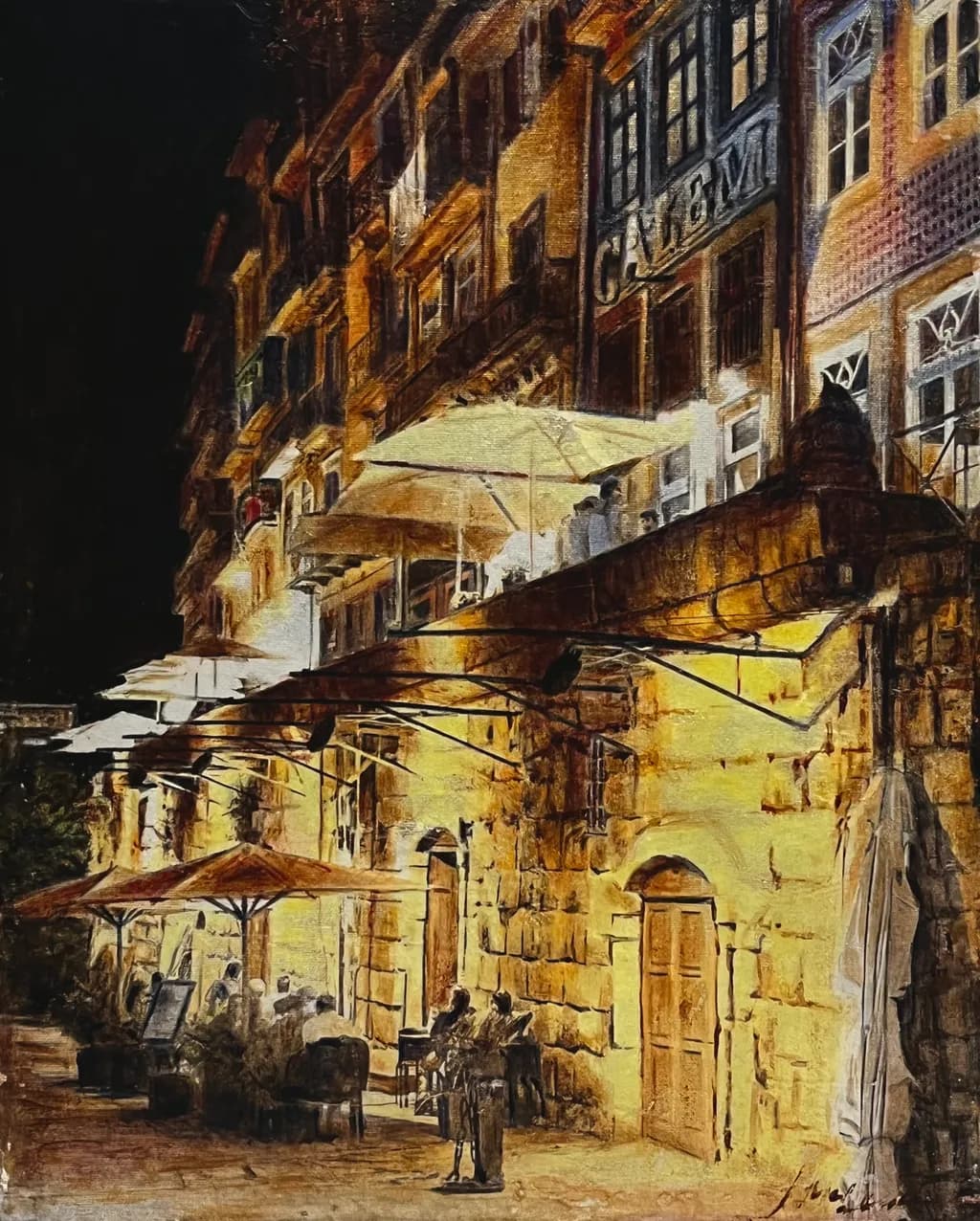 Evening Glow: A Serene Night at the Café by the Stone Facade