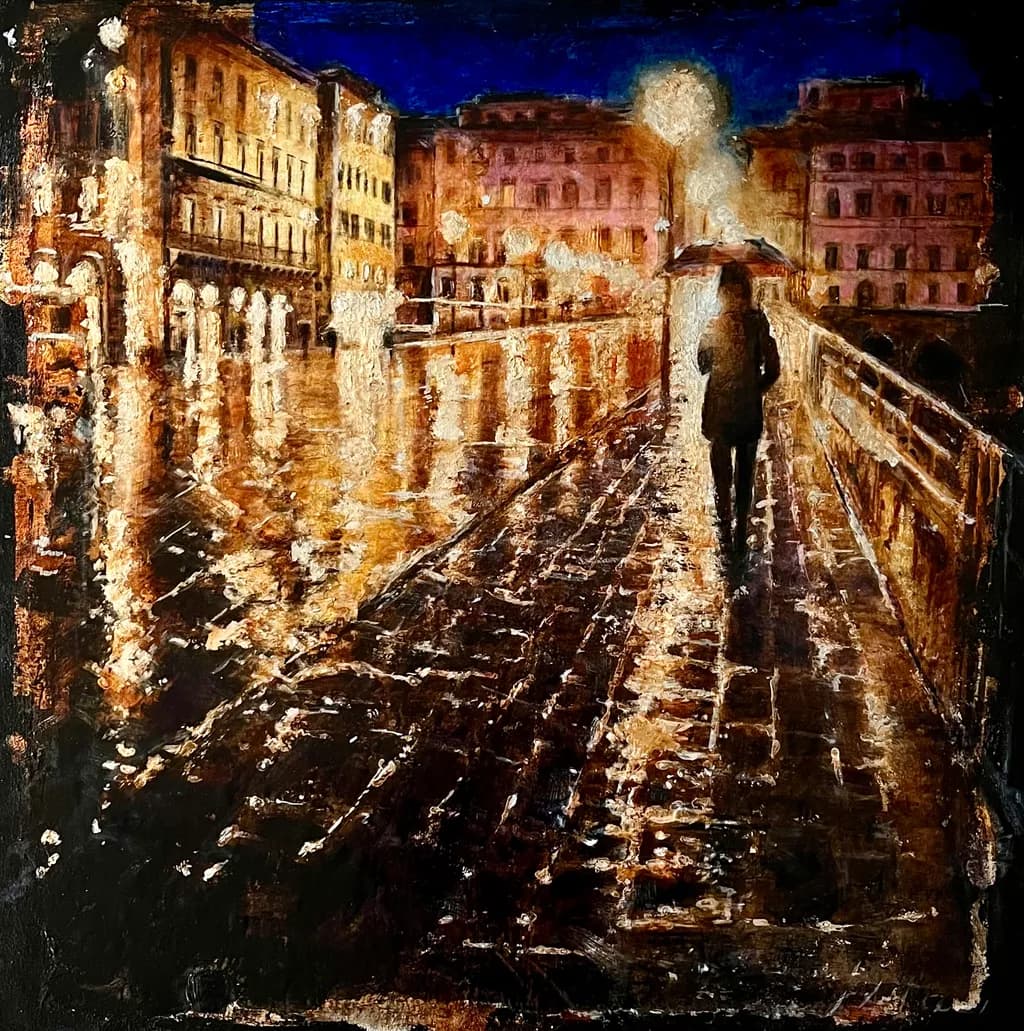 Whispers of Solitude: A Nighttime Stroll Under the Umbrella's Glow