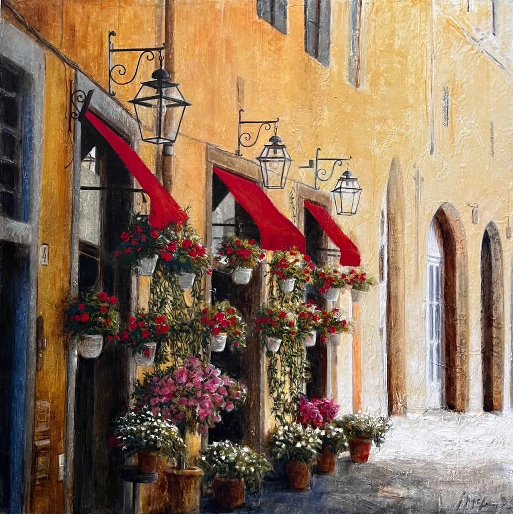 Charming Streetscape: A Vibrant Italian Alley Adorned with Blossoming Bouquets and Warm Lanterns