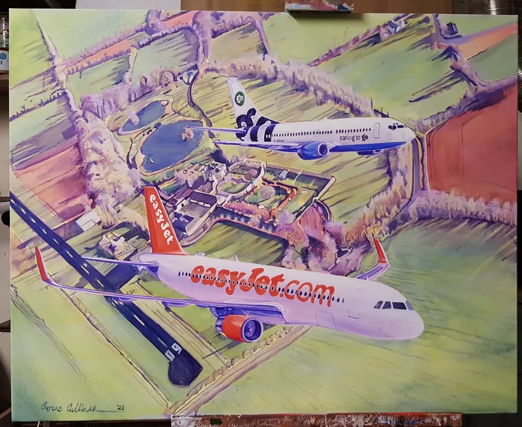 Aerial Harmony: EasyJet and Training to Go in Flight Over Serene Landscapes