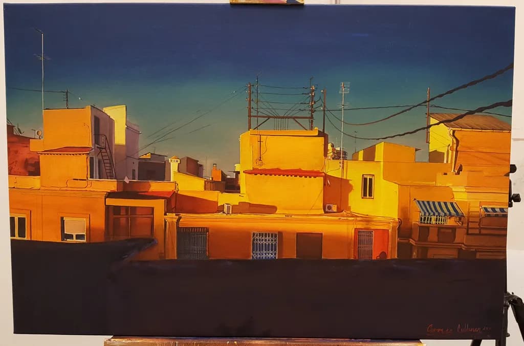 Golden Hour Serenity: A Captivating Urban Landscape of Sunlit Rooftops and Electric Dreams
