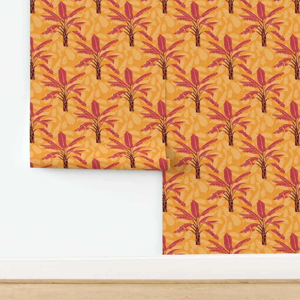 Tropical Sunset: Vibrant Palm Leaf Wallpaper Design for a Warm, Inviting Space