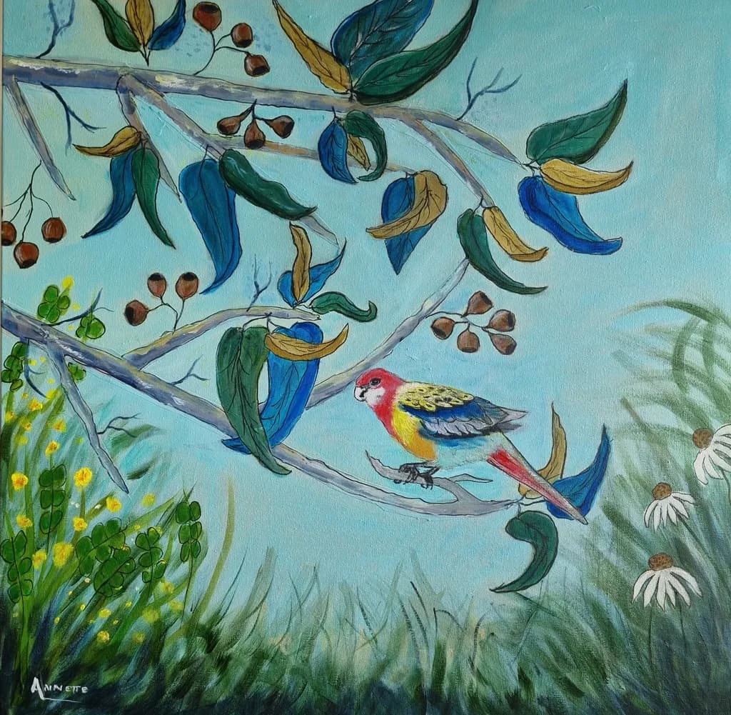 Whimsical Harmony: A Colorful Parrot's Serenade Among Nature's Embrace