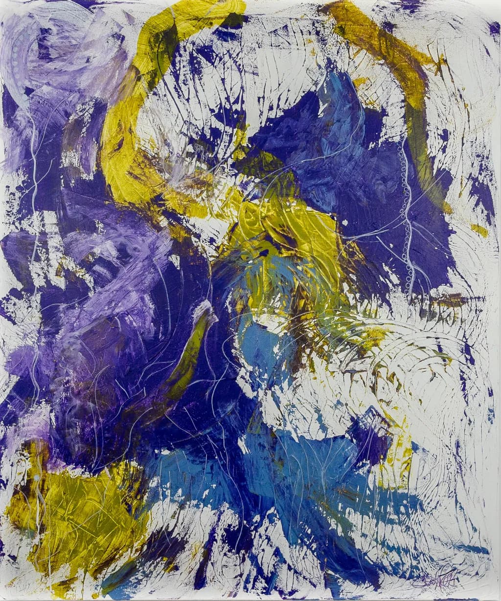 Whispers of Color: A Dance of Purple and Gold in Abstract Expressionism