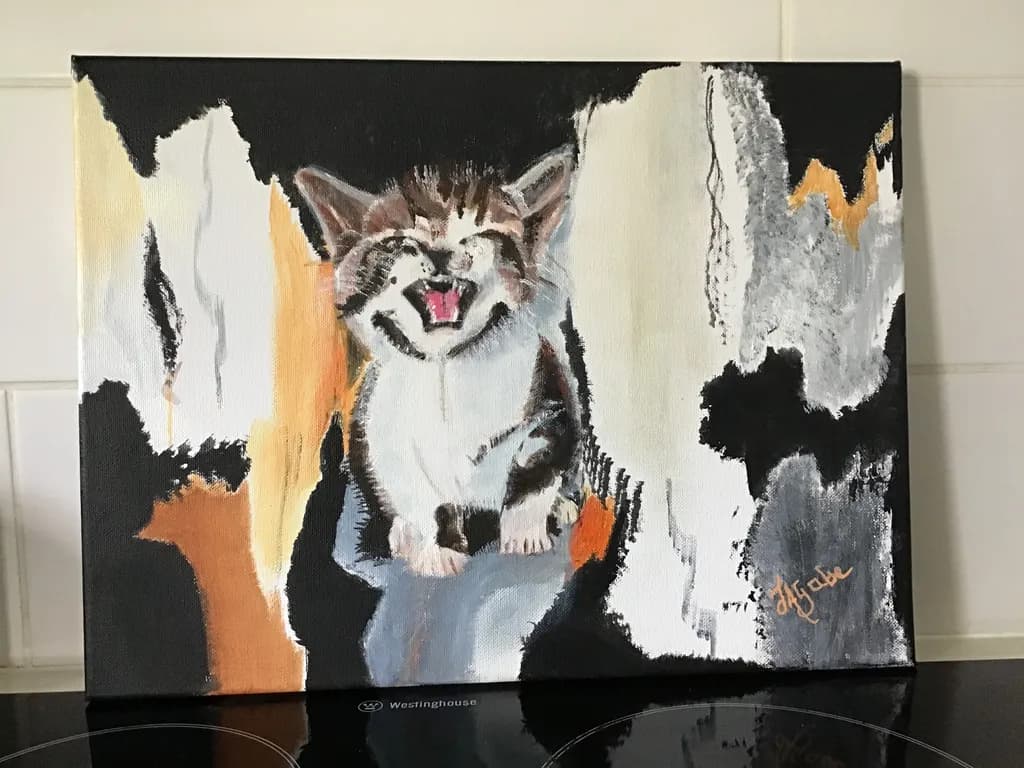 Whiskered Whimsy: A Playful Cat Amidst Abstract Chaos