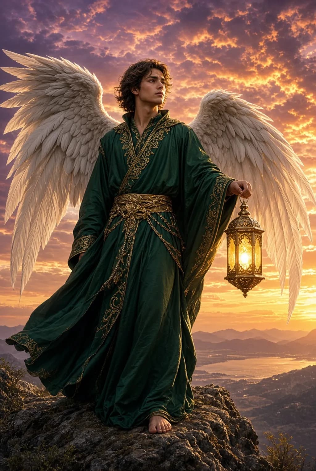 Lantern-Bearing Angel at Sunset