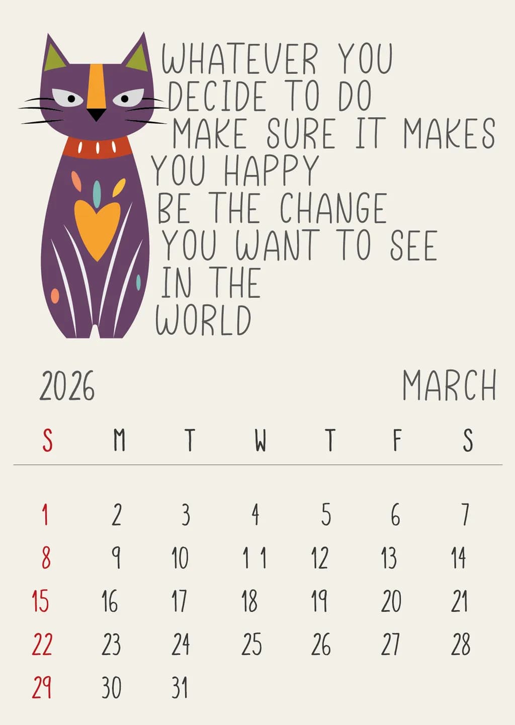 Colorful Cat Calendar 2026