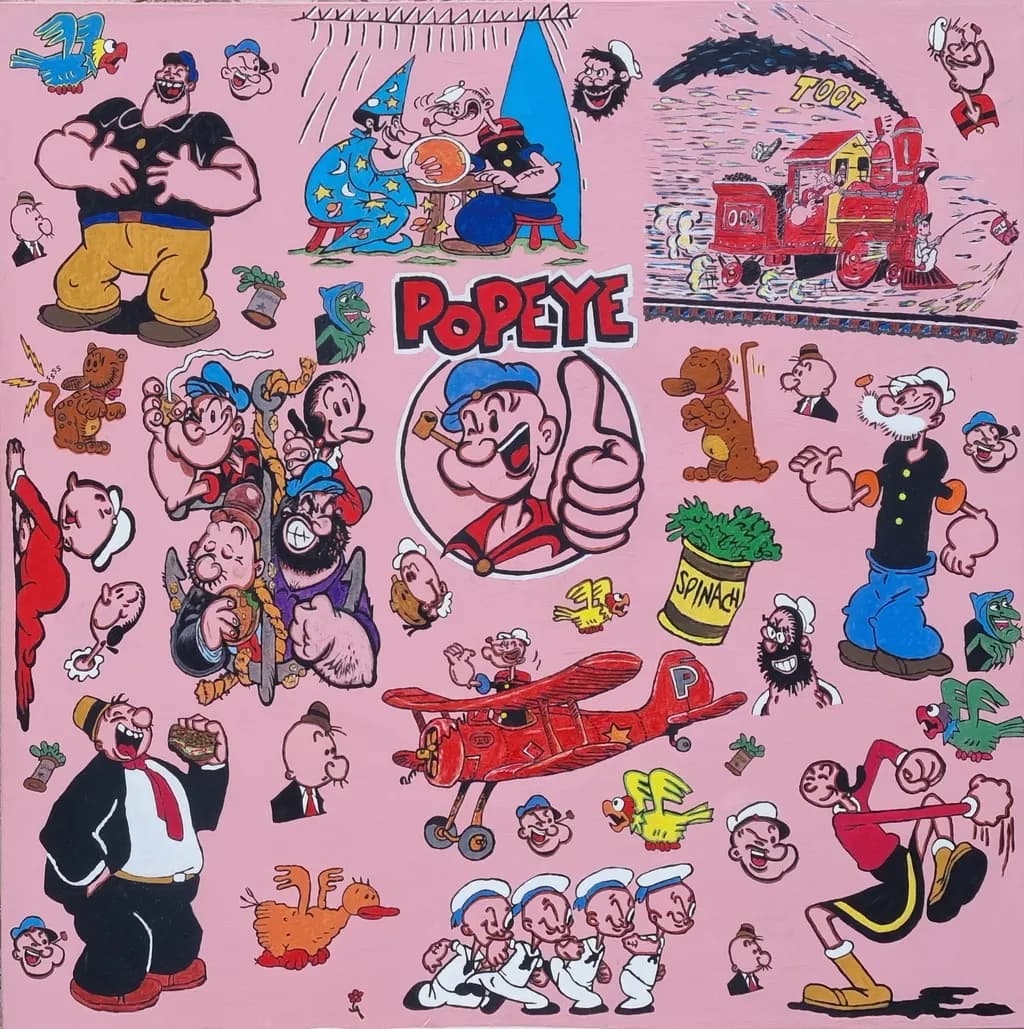 Popeye's Whimsical World: A Colorful Collage of Classic Characters and Adventures