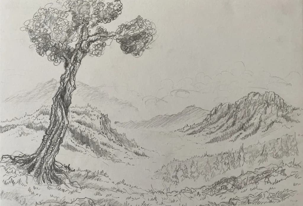 Whispers of Nature: A Monochrome Landscape Sketch of Resilient Trees and Majestic Mountains