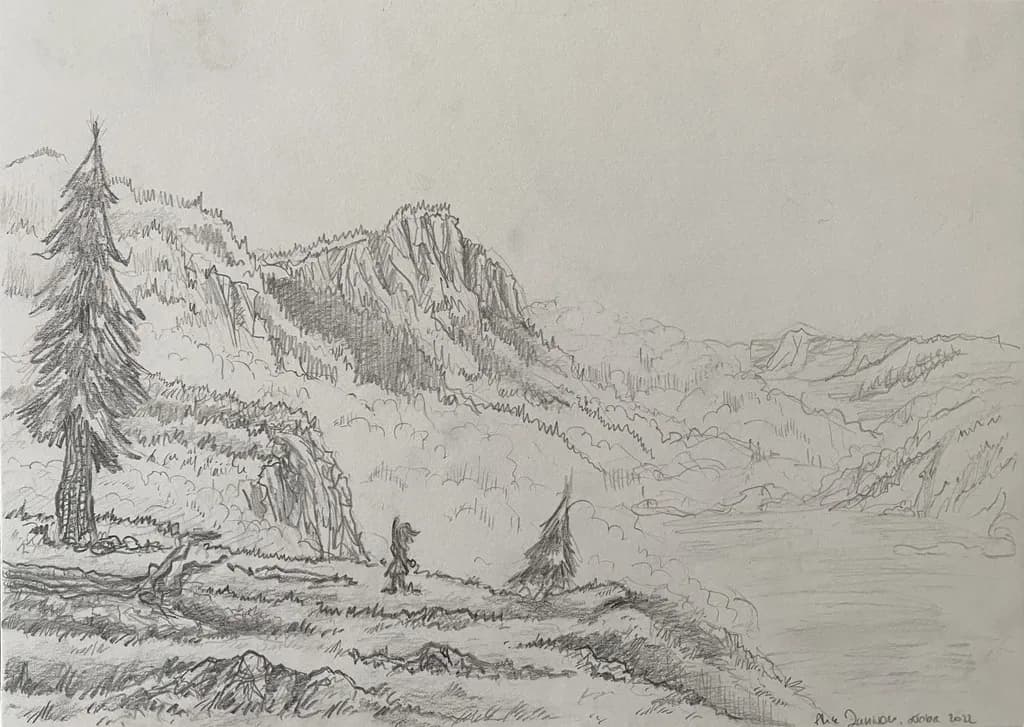Whispers of Nature: A Serene Landscape Sketch of Mountains and Water