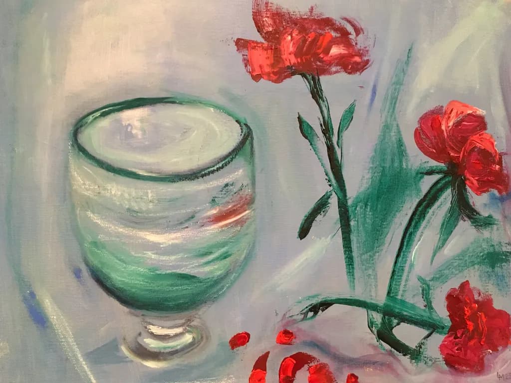 Whispers of Color: A Serene Still Life with Glass and Carnations
