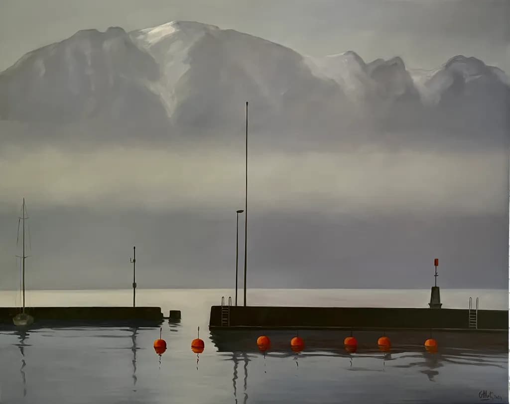 Serenity at the Harbor: A Tranquil Reflection of Mountains and Buoys