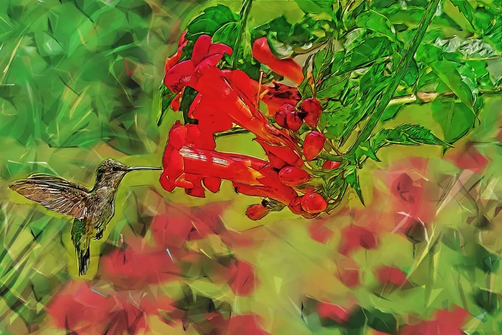 Whispers of Nature: A Hummingbird's Dance Among Vibrant Blooms