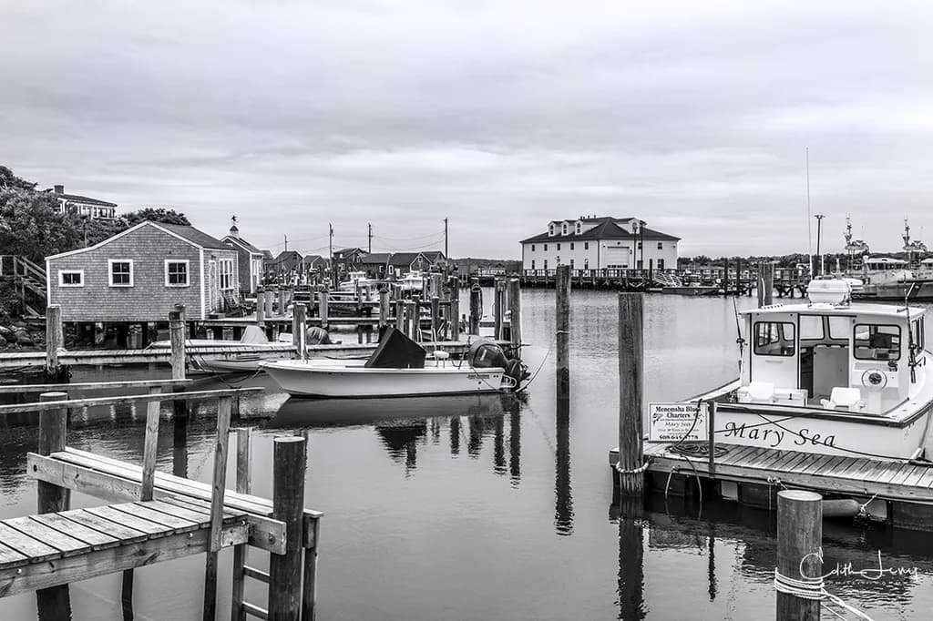 Serenity in Monochrome: A Tranquil Harbor Scene with Boats and Reflections