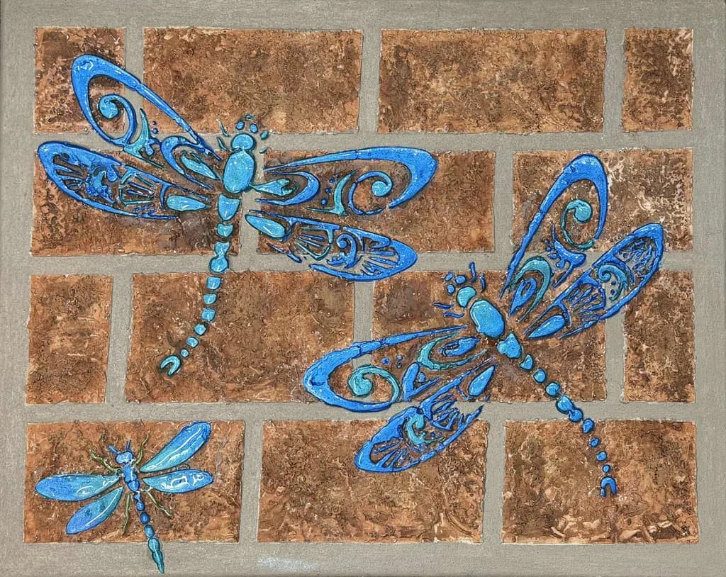 Whimsical Blue Dragonflies on Textured Earthy Canvas: A Decorative Art Piece for Nature Lovers