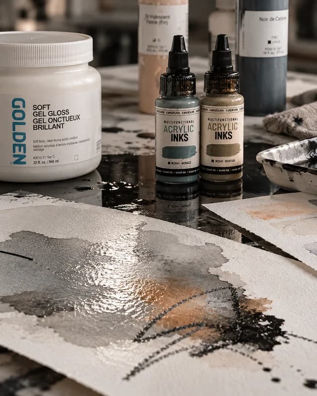 My materials are an essential part of the process - ink, acrylics, and layered textures help me build balance, depth, and quiet tension within each composition.