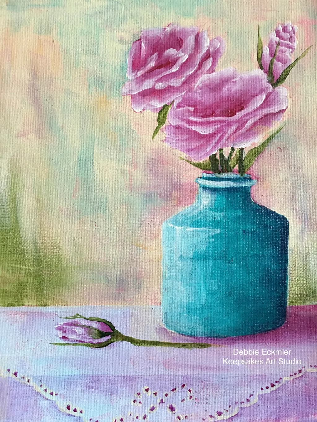 Pink Blooms in Blue Vase