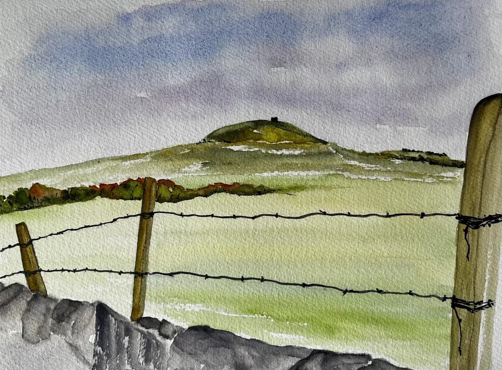 Whispers of the Hills: A Serene Watercolor Landscape with Barbed Wire Fencing