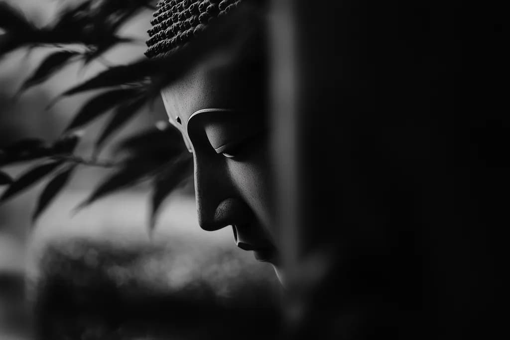 Whispers of Serenity: A Monochrome Buddha Amidst Nature's Embrace