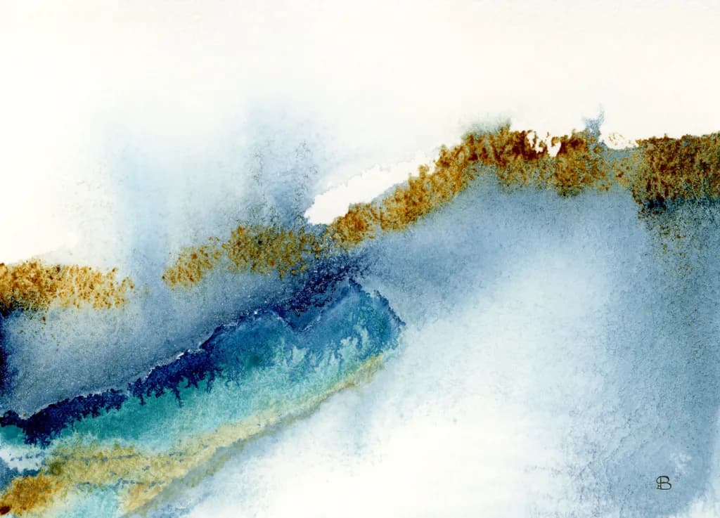 Whispers of the Ocean: A Serene Watercolor Journey Through Blue and Gold Tones