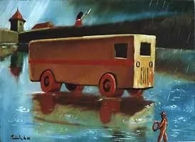 Whimsical Journey: A Colorful Bus in the Rainy Landscape