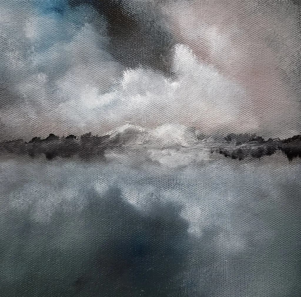 'Reflections of Serenity'. Oil on Canvas. 12" x 24". (Monochrome clouds mirrored in tranquil waters)... A contemplative journey through the New Zealand landscape.