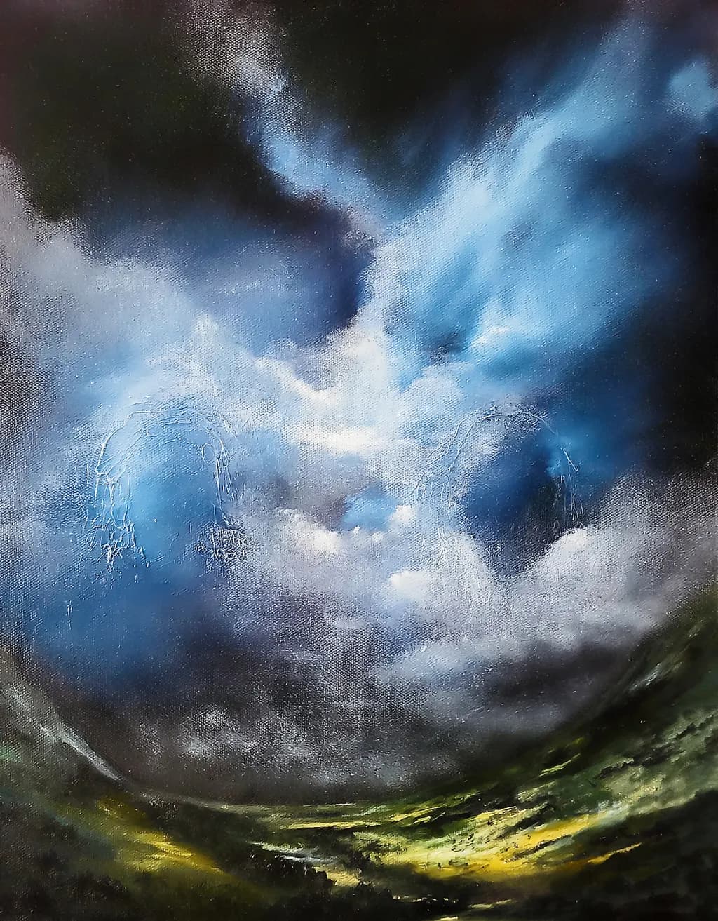 'Whispers of the Storm'. Oil on Canvas. 24" x 36". (Dramatic clouds swirling above a moody landscape, reflecting the tumult of nature and the soul...)