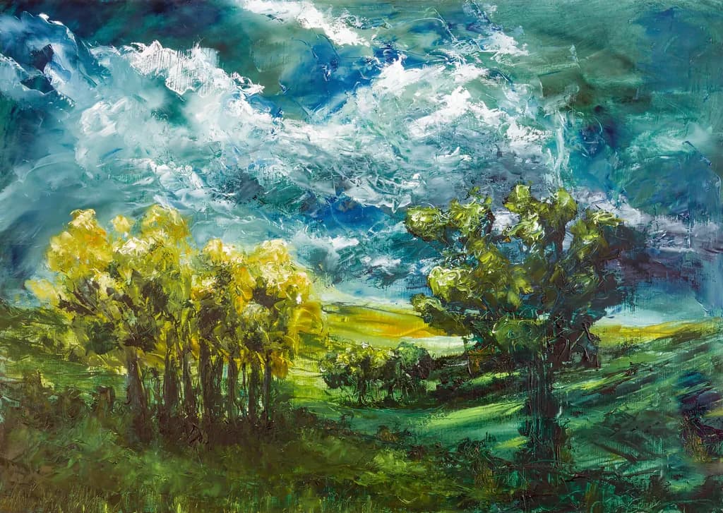 'Whispers of the Kaipara Sky'. Oil on Canvas. 24" x 36". (A dance of light and shadow over the rolling hills, where nature speaks in colors...)