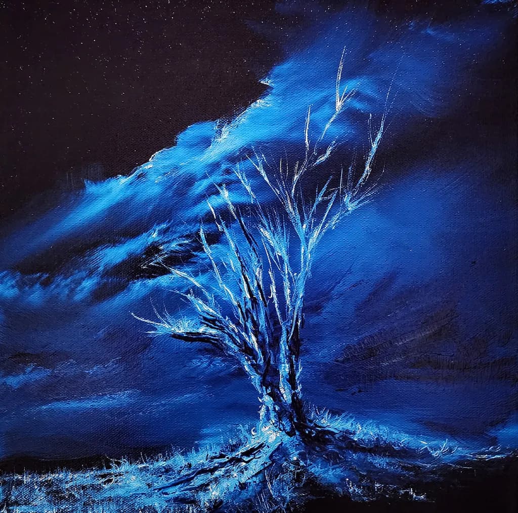 'Whispers of the Night Sky'. Oil on Canvas. 12" x 24". (Deep Blues, Ethereal Light). A solitary tree stands resilient against the vastness of the cosmos... Reflecting on the beauty found in stillness and solitude.