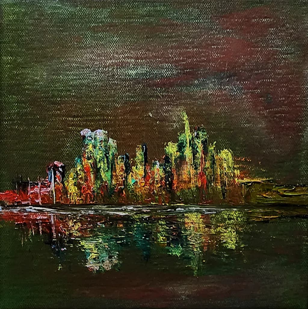 'Reflections of a Distant Horizon'. Oil on Canvas. 12" x 12". (Vibrant hues, contemplative depth). A glimpse into the interplay of light and shadow... #simplelivingkiwi #oiloncanvas