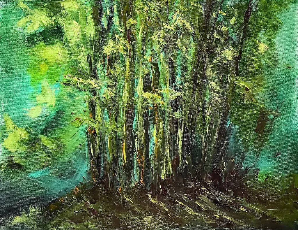 'Whispers of the Forest'. Oil on Canvas. 12" x 16". (Emerald Greens, Earthy Browns). A moment captured in the embrace of nature... where the trees speak in silence. #simplelivingkiwi #oiloncanvas