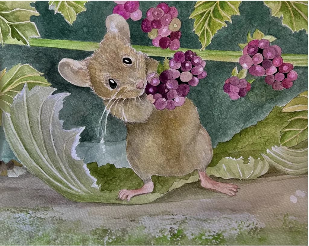 Whimsical Mouse Delight: A Watercolor Journey Through Nature's Bounty