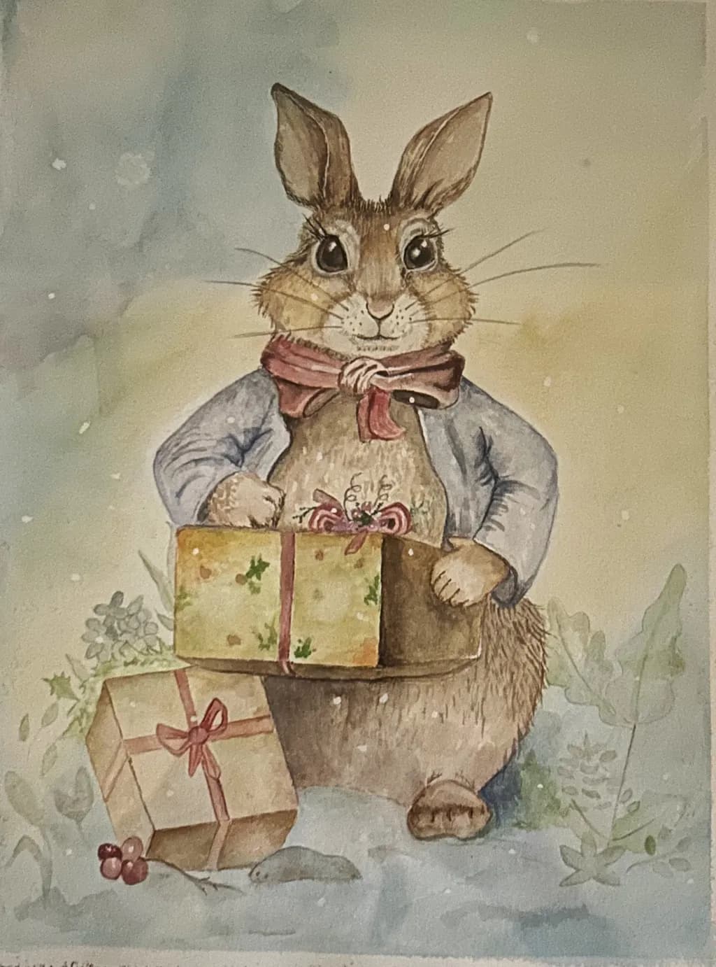 Whimsical Rabbit Delivering Festive Cheer: A Watercolor Delight