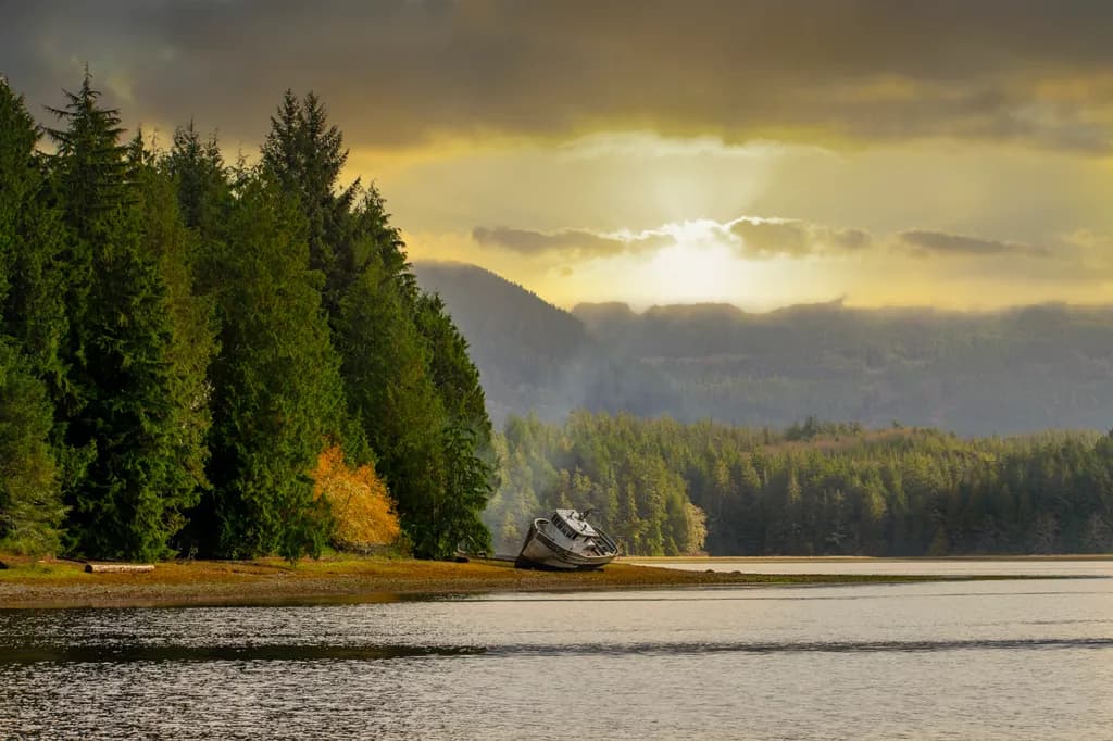 Whispers of Serenity: An Abandoned Vessel at Sunset in the Forested Landscape