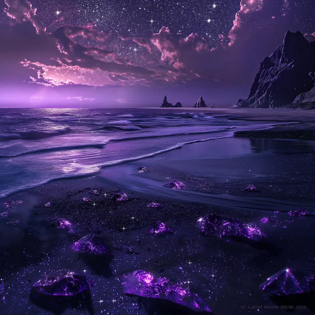 Ethereal Shores: A Celestial Dance of Amethyst Waves and Starlit Skies