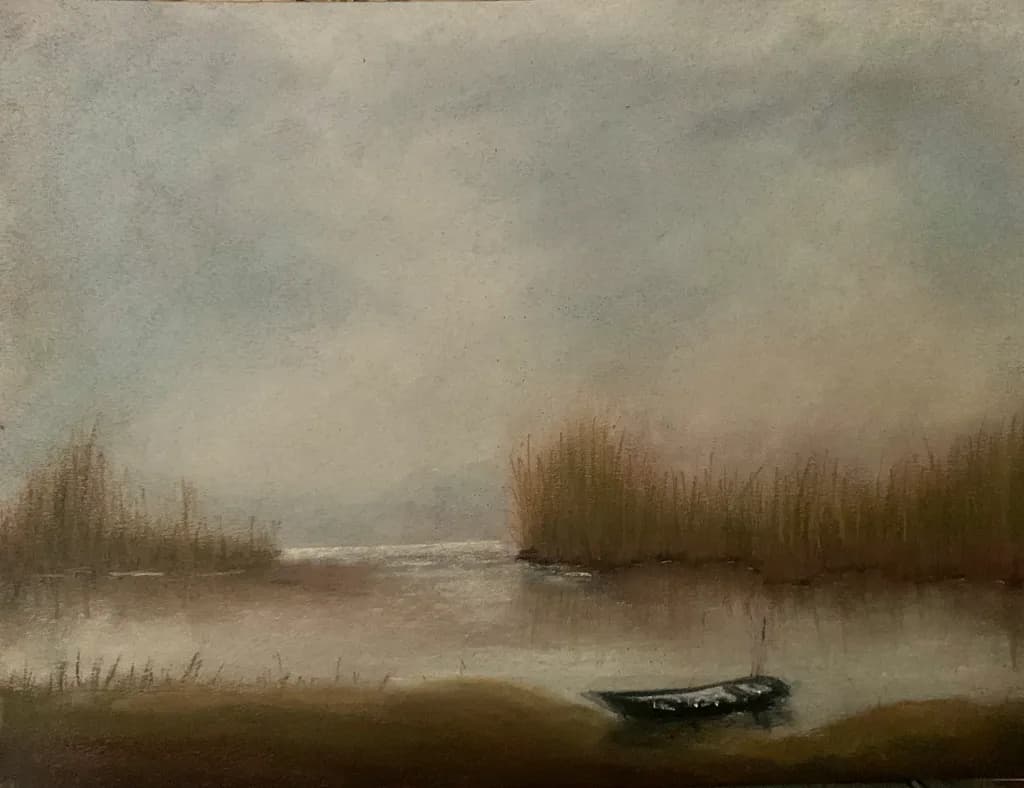 Serenity on the Water: A Tranquil Landscape with a Boat and Cloudy Skies