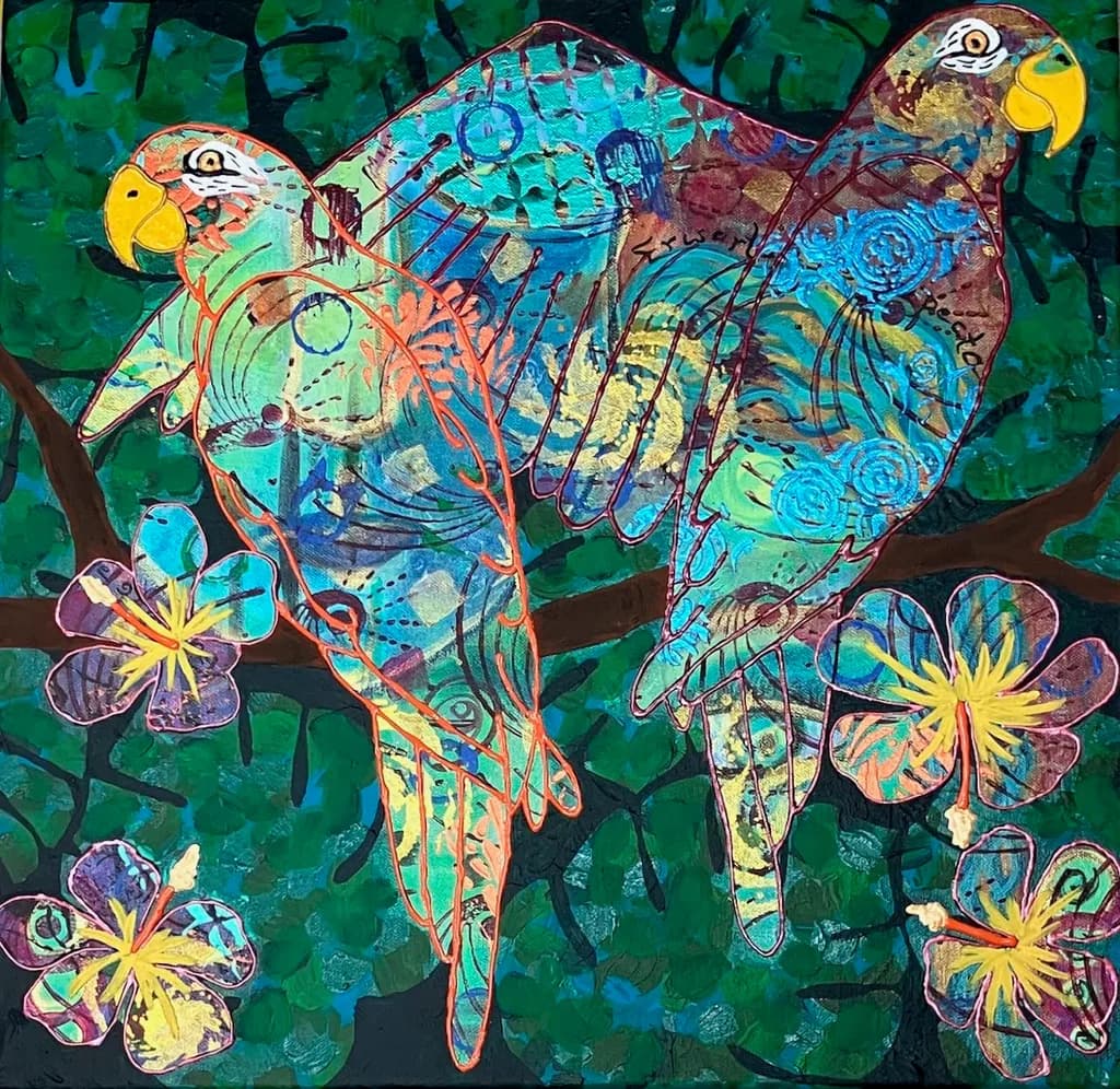 Tropical Harmony: Vibrant Parrots Amidst Blossoms