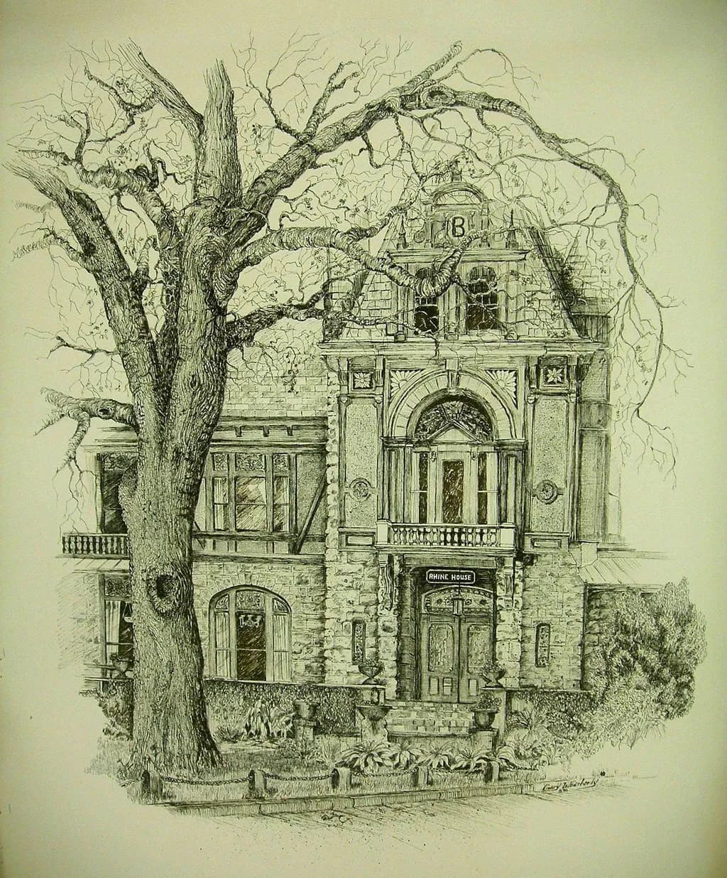 "Timeless Elegance: The Historic Rhine House Captured in Intricate Detail"