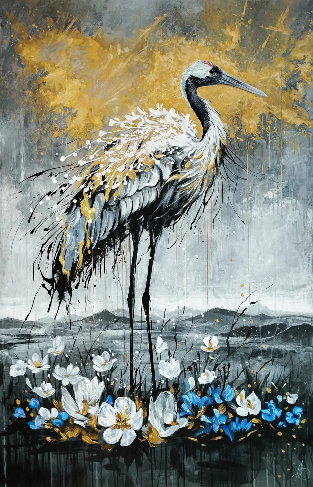 Whispers of Elegance: A Majestic Crane Amidst Floral Serenity