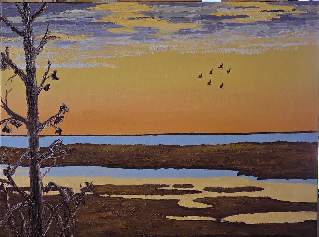 Sunset Landscape with Birds