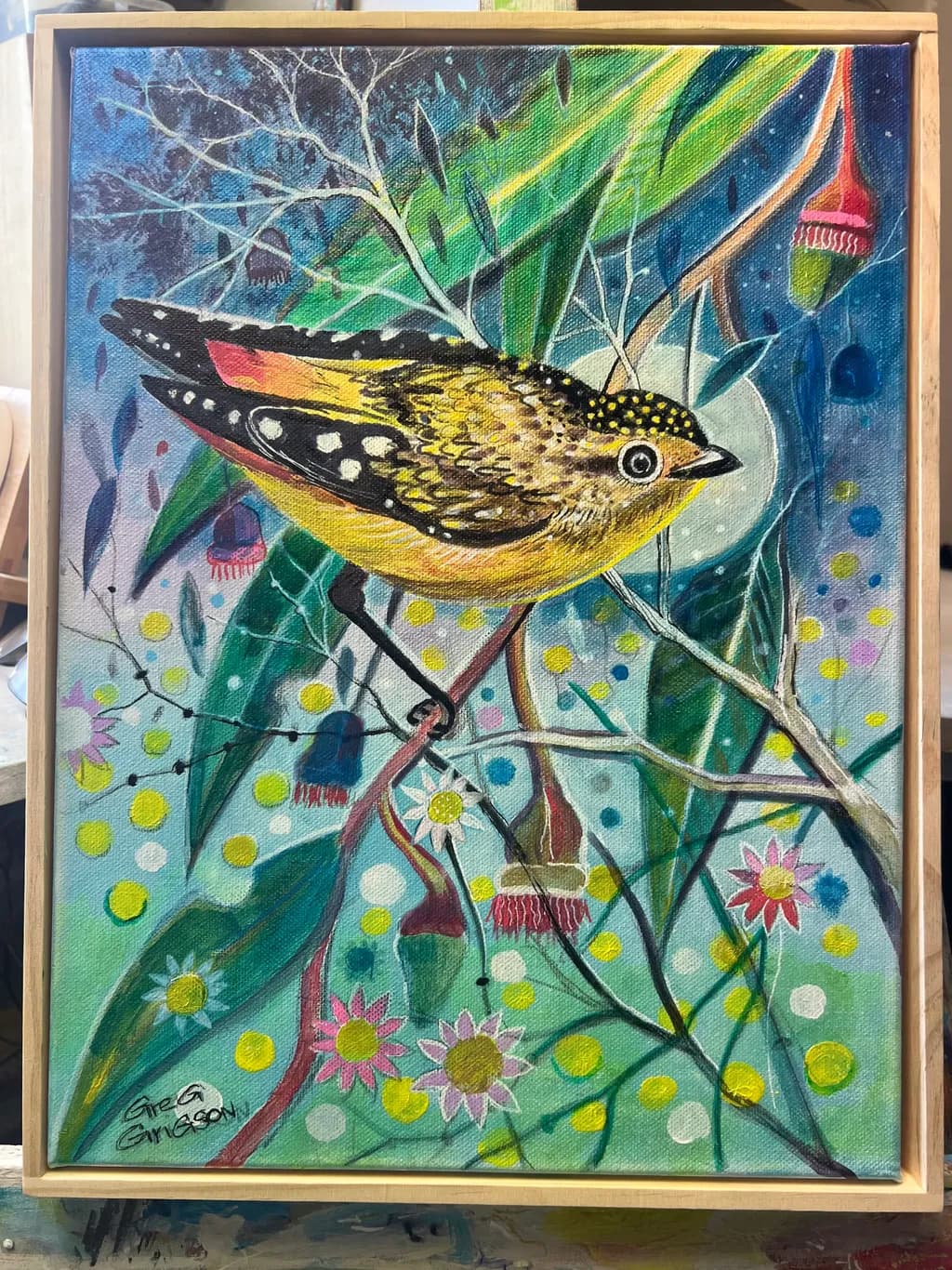 Whimsical Harmony: A Vibrant Bird Amidst Blossoms and Leaves