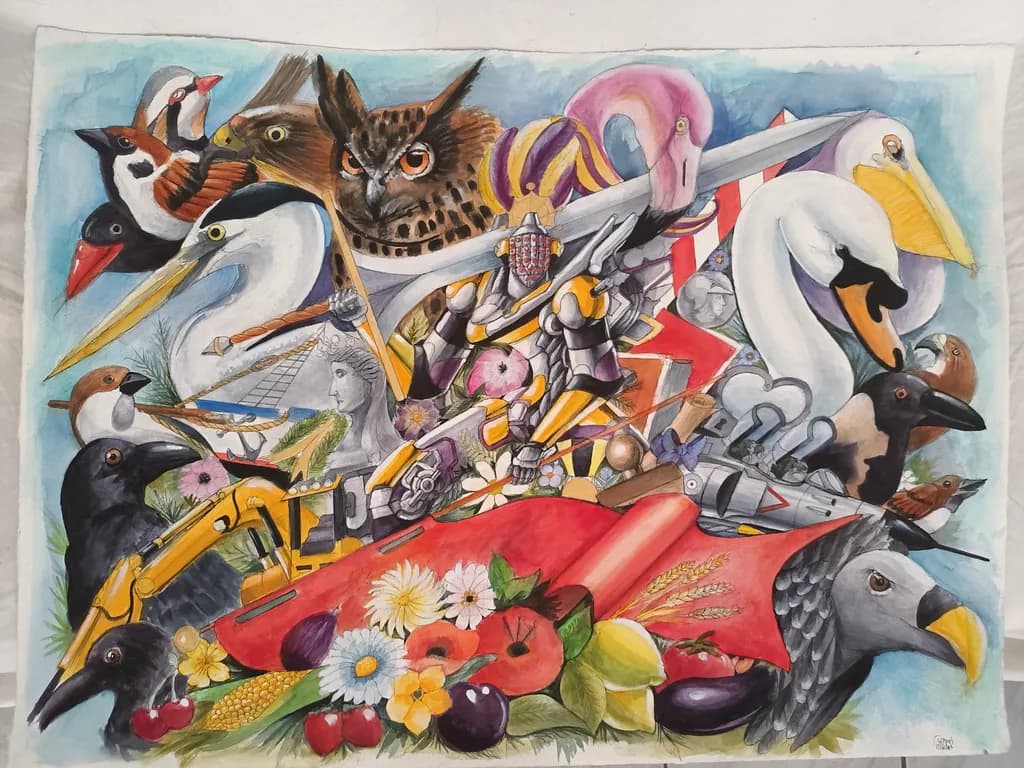 Whimsical Harmony: A Colorful Fusion of Nature and Valor in Watercolor Art