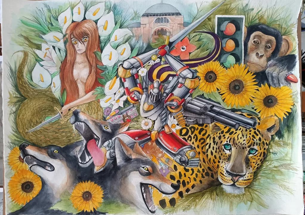 Whispers of Nature: A Fantasy Fusion of Robots, Animals, and Blooms
