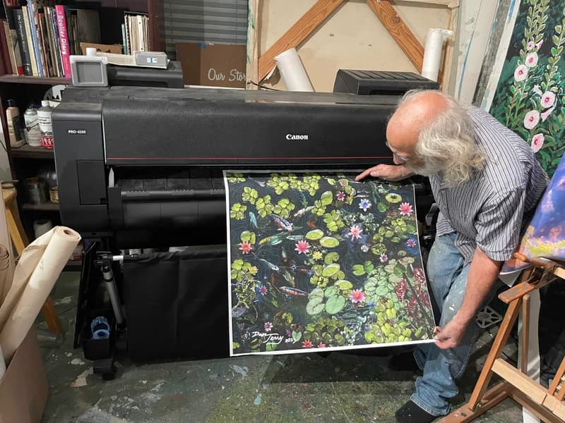 Testing color fidelity in the studio as Giclee proof comes off the Canon 4002 11 color archival printer in my studio