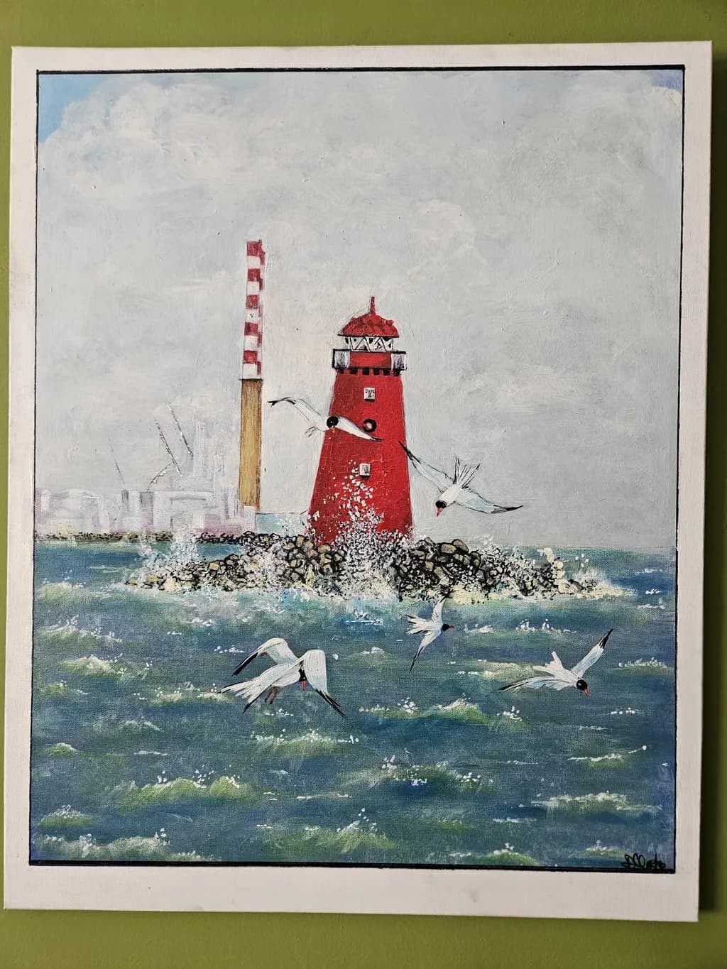 Red Lighthouse and Seagulls