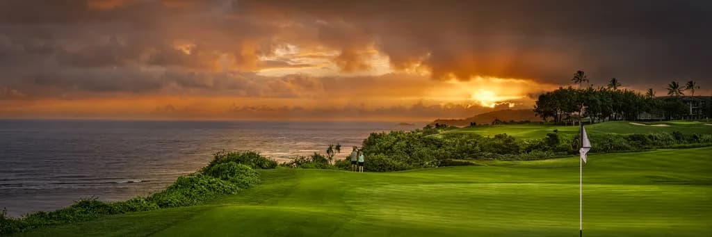 Serene Sunset Over Tropical Golf Course: A Tranquil Ocean Landscape