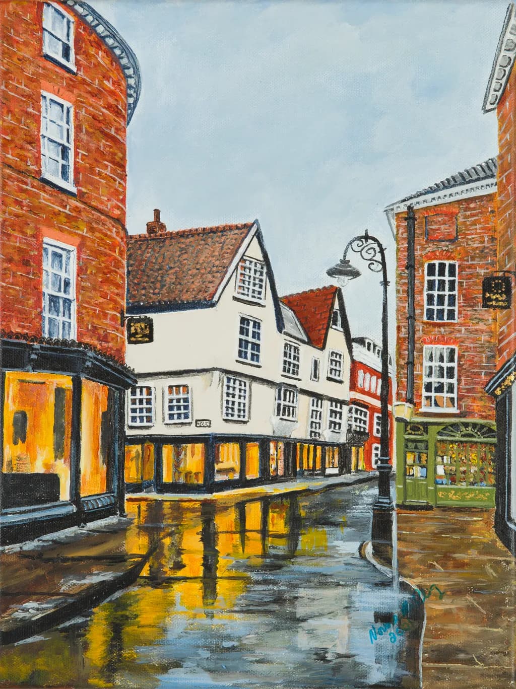 Evening Glow on Cobblestone Street