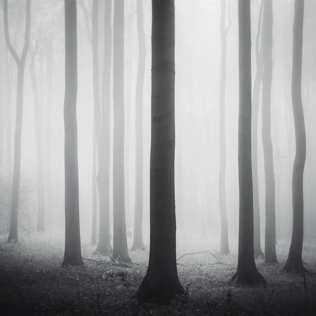Whispers of the Mist: A Serene Monochrome Forest Journey
